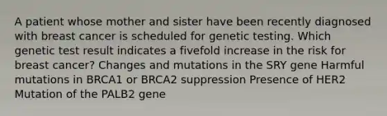 A patient whose mother and sister have been recently diagnosed with breast cancer is scheduled for genetic testing. Which genetic test result indicates a fivefold increase in the risk for breast cancer? Changes and mutations in the SRY gene Harmful mutations in BRCA1 or BRCA2 suppression Presence of HER2 Mutation of the PALB2 gene