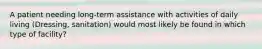 A patient needing long-term assistance with activities of daily living (Dressing, sanitation) would most likely be found in which type of facility?