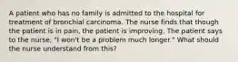 A patient who has no family is admitted to the hospital for treatment of bronchial carcinoma. The nurse finds that though the patient is in pain, the patient is improving. The patient says to the nurse, "I won't be a problem much longer." What should the nurse understand from this?