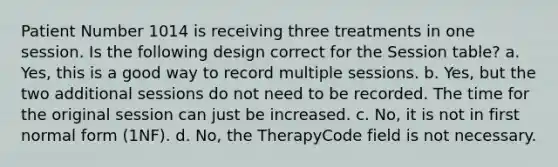 Patient Number 1014 is receiving three treatments in one session. Is the following design correct for the Session table? a. Yes, this is a good way to record multiple sessions. b. Yes, but the two additional sessions do not need to be recorded. The time for the original session can just be increased. c. No, it is not in first normal form (1NF). d. No, the TherapyCode field is not necessary.