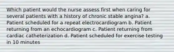 Which patient would the nurse assess first when caring for several patients with a history of chronic stable angina? a. Patient scheduled for a repeat electrocardiogram b. Patient returning from an echocardiogram c. Patient returning from cardiac catheterization d. Patient scheduled for exercise testing in 10 minutes