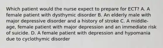 Which patient would the nurse expect to prepare for ECT? A. A female patient with dysthymic disorder B. An elderly male with major depressive disorder and a history of stroke C. A middle-age, female patient with major depression and an immediate risk of suicide. D. A female patient with depression and hypomania due to cyclothymic disorder