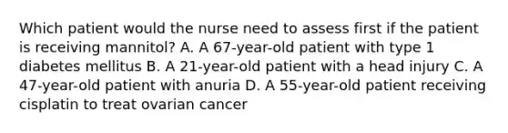 Which patient would the nurse need to assess first if the patient is receiving mannitol? A. A 67-year-old patient with type 1 diabetes mellitus B. A 21-year-old patient with a head injury C. A 47-year-old patient with anuria D. A 55-year-old patient receiving cisplatin to treat ovarian cancer