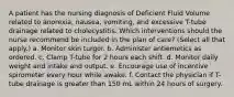 A patient has the nursing diagnosis of Deficient Fluid Volume related to anorexia, nausea, vomiting, and excessive T-tube drainage related to cholecystitis. Which interventions should the nurse recommend be included in the plan of care? (Select all that apply.) a. Monitor skin turgor. b. Administer antiemetics as ordered. c. Clamp T-tube for 2 hours each shift. d. Monitor daily weight and intake and output. e. Encourage use of incentive spirometer every hour while awake. f. Contact the physician if T-tube drainage is greater than 150 mL within 24 hours of surgery.