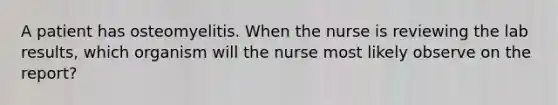 A patient has osteomyelitis. When the nurse is reviewing the lab results, which organism will the nurse most likely observe on the report?