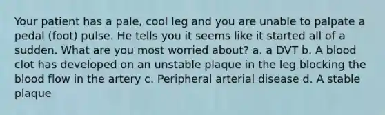 Your patient has a pale, cool leg and you are unable to palpate a pedal (foot) pulse. He tells you it seems like it started all of a sudden. What are you most worried about? a. a DVT b. A blood clot has developed on an unstable plaque in the leg blocking the blood flow in the artery c. Peripheral arterial disease d. A stable plaque