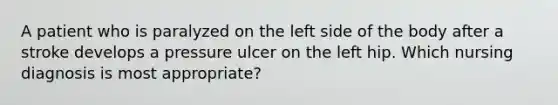 A patient who is paralyzed on the left side of the body after a stroke develops a pressure ulcer on the left hip. Which nursing diagnosis is most appropriate?