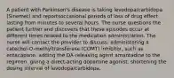 A patient with Parkinson's disease is taking levodopa/carbidopa (Sinemet) and reportsoccasional periods of loss of drug effect lasting from minutes to several hours. The nurse questions the patient further and discovers that these episodes occur at different times related to the medication administration. The nurse will contact the provider to discuss: administering a catechol-O-methyltransferase (COMT) inhibitor, such as entacapone. adding the DA-releasing agent amantadine to the regimen. giving a direct-acting dopamine agonist. shortening the dosing interval of levodopa/carbidopa.