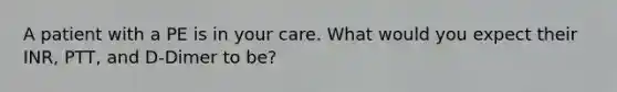 A patient with a PE is in your care. What would you expect their INR, PTT, and D-Dimer to be?