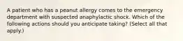 A patient who has a peanut allergy comes to the emergency department with suspected anaphylactic shock. Which of the following actions should you anticipate taking? (Select all that apply.)