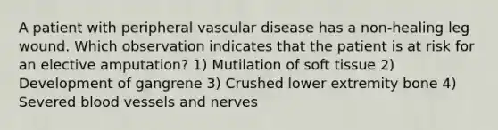 A patient with peripheral vascular disease has a non-healing leg wound. Which observation indicates that the patient is at risk for an elective amputation? 1) Mutilation of soft tissue 2) Development of gangrene 3) Crushed lower extremity bone 4) Severed blood vessels and nerves