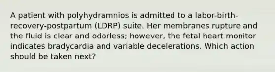 A patient with polyhydramnios is admitted to a labor-birth-recovery-postpartum (LDRP) suite. Her membranes rupture and the fluid is clear and odorless; however, the fetal heart monitor indicates bradycardia and variable decelerations. Which action should be taken next?