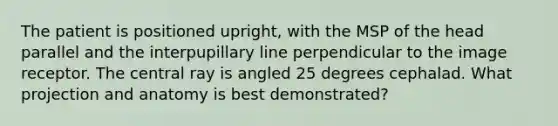 The patient is positioned upright, with the MSP of the head parallel and the interpupillary line perpendicular to the image receptor. The central ray is angled 25 degrees cephalad. What projection and anatomy is best demonstrated?