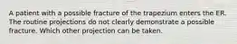 A patient with a possible fracture of the trapezium enters the ER. The routine projections do not clearly demonstrate a possible fracture. Which other projection can be taken.