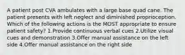 A patient post CVA ambulates with a large base quad cane. The patient presents with left neglect and diminished proprioception. Which of the following actions is the MOST appropriate to ensure patient safety? 1.Provide continuous verbal cues 2.Utilize visual cues and demonstration 3.Offer manual assistance on the left side 4.Offer manual assistance on the right side