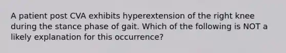 A patient post CVA exhibits hyperextension of the right knee during the stance phase of gait. Which of the following is NOT a likely explanation for this occurrence?