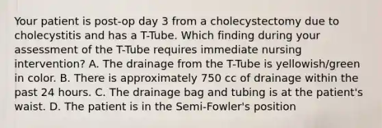 Your patient is post-op day 3 from a cholecystectomy due to cholecystitis and has a T-Tube. Which finding during your assessment of the T-Tube requires immediate nursing intervention? A. The drainage from the T-Tube is yellowish/green in color. B. There is approximately 750 cc of drainage within the past 24 hours. C. The drainage bag and tubing is at the patient's waist. D. The patient is in the Semi-Fowler's position