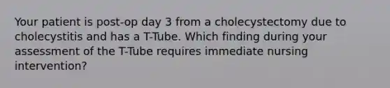 Your patient is post-op day 3 from a cholecystectomy due to cholecystitis and has a T-Tube. Which finding during your assessment of the T-Tube requires immediate nursing intervention?