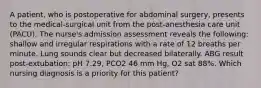 A patient, who is postoperative for abdominal surgery, presents to the medical-surgical unit from the post-anesthesia care unit (PACU). The nurse's admission assessment reveals the following: shallow and irregular respirations with a rate of 12 breaths per minute. Lung sounds clear but decreased bilaterally. ABG result post-extubation: pH 7.29, PCO2 46 mm Hg, O2 sat 88%. Which nursing diagnosis is a priority for this patient?