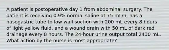 A patient is postoperative day 1 from abdominal surgery. The patient is receiving 0.9% normal saline at 75 mL/h, has a nasogastric tube to low wall suction with 200 mL every 8 hours of light yellow fluid, and a wound drain with 50 mL of dark red drainage every 8 hours. The 24-hour urine output total 2430 mL. What action by the nurse is most appropriate?