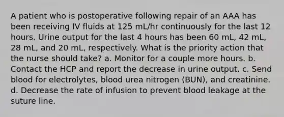 A patient who is postoperative following repair of an AAA has been receiving IV fluids at 125 mL/hr continuously for the last 12 hours. Urine output for the last 4 hours has been 60 mL, 42 mL, 28 mL, and 20 mL, respectively. What is the priority action that the nurse should take? a. Monitor for a couple more hours. b. Contact the HCP and report the decrease in urine output. c. Send blood for electrolytes, blood urea nitrogen (BUN), and creatinine. d. Decrease the rate of infusion to prevent blood leakage at the suture line.