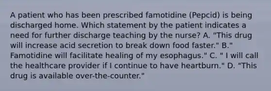 A patient who has been prescribed famotidine (Pepcid) is being discharged home. Which statement by the patient indicates a need for further discharge teaching by the nurse? A. "This drug will increase acid secretion to break down food faster." B." Famotidine will facilitate healing of my esophagus." C. " I will call the healthcare provider if I continue to have heartburn." D. "This drug is available over-the-counter."