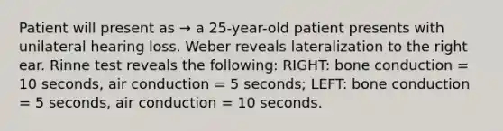 Patient will present as → a 25-year-old patient presents with unilateral hearing loss. Weber reveals lateralization to the right ear. Rinne test reveals the following: RIGHT: bone conduction = 10 seconds, air conduction = 5 seconds; LEFT: bone conduction = 5 seconds, air conduction = 10 seconds.