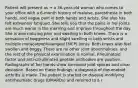 Patient will present as → a 36-year-old woman who comes to your office with a 6-month history of malaise, paresthesia in both hands, and vague pain in both hands and wrists. She also has felt extremely fatigued. She tells you that the pains in her joints are much worse in the morning and improve throughout the day. She is also noticing pain and swelling in both knees. There is a sensation of bogginess and slight swelling in both wrists and multiple metacarpophalangeal (MCP) joints. Both knees also feel swollen and boggy. There are no other joint abnormalities, and the rest of the physical examination is normal. Rheumatoid factor and anti-citrullinated peptide antibodies are positive. Radiographs of her hands show narrowed joint spaces and ulnar deviation. Based on these findings, a diagnosis of rheumatoid arthritis is made. The patient is started on disease-modifying antirheumatic drugs (DMARDs) and referred to a r