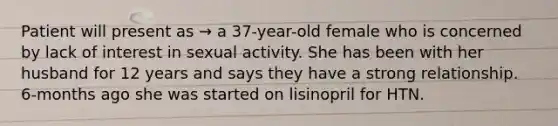 Patient will present as → a 37-year-old female who is concerned by lack of interest in sexual activity. She has been with her husband for 12 years and says they have a strong relationship. 6-months ago she was started on lisinopril for HTN.