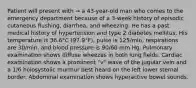 Patient will present with → a 43-year-old man who comes to the emergency department because of a 3-week history of episodic cutaneous flushing, diarrhea, and wheezing. He has a past medical history of hypertension and type 2 diabetes mellitus. His temperature is 36.6°C (97.9°F), pulse is 125/min, respirations are 30/min, and blood pressure is 90/60 mm Hg. Pulmonary examination shows diffuse wheezes in both lung fields. Cardiac examination shows a prominent "v" wave of the jugular vein and a 1/6 holosystolic murmur best heard on the left lower sternal border. Abdominal examination shows hyperactive bowel sounds.