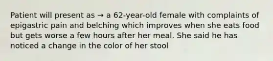 Patient will present as → a 62-year-old female with complaints of epigastric pain and belching which improves when she eats food but gets worse a few hours after her meal. She said he has noticed a change in the color of her stool