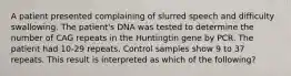 A patient presented complaining of slurred speech and difficulty swallowing. The patient's DNA was tested to determine the number of CAG repeats in the Huntingtin gene by PCR. The patient had 10-29 repeats. Control samples show 9 to 37 repeats. This result is interpreted as which of the following?