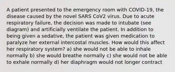 A patient presented to the emergency room with COVID-19, the disease caused by the novel SARS CoV2 virus. Due to acute respiratory failure, the decision was made to intubate (see diagram) and artificially ventilate the patient. In addition to being given a sedative, the patient was given medication to paralyze her external intercostal muscles. How would this affect her respiratory system? a) she would not be able to inhale normally b) she would breathe normally c) she would not be able to exhale normally d) her diaphragm would not longer contract