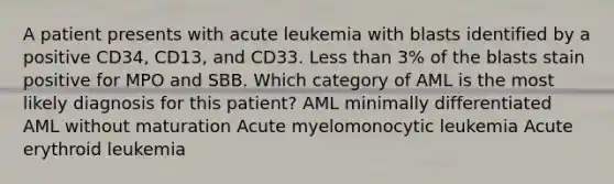 A patient presents with acute leukemia with blasts identified by a positive CD34, CD13, and CD33. Less than 3% of the blasts stain positive for MPO and SBB. Which category of AML is the most likely diagnosis for this patient? AML minimally differentiated AML without maturation Acute myelomonocytic leukemia Acute erythroid leukemia