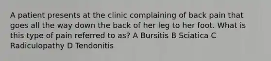 A patient presents at the clinic complaining of back pain that goes all the way down the back of her leg to her foot. What is this type of pain referred to as? A Bursitis B Sciatica C Radiculopathy D Tendonitis