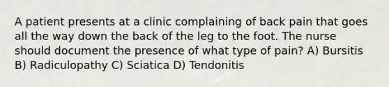 A patient presents at a clinic complaining of back pain that goes all the way down the back of the leg to the foot. The nurse should document the presence of what type of pain? A) Bursitis B) Radiculopathy C) Sciatica D) Tendonitis