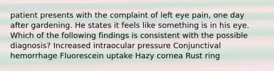 patient presents with the complaint of left eye pain, one day after gardening. He states it feels like something is in his eye. Which of the following findings is consistent with the possible diagnosis? Increased intraocular pressure Conjunctival hemorrhage Fluorescein uptake Hazy cornea Rust ring