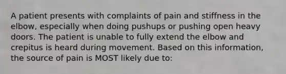 A patient presents with complaints of pain and stiffness in the elbow, especially when doing pushups or pushing open heavy doors. The patient is unable to fully extend the elbow and crepitus is heard during movement. Based on this information, the source of pain is MOST likely due to: