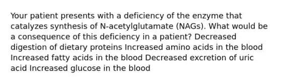 Your patient presents with a deficiency of the enzyme that catalyzes synthesis of N-acetylglutamate (NAGs). What would be a consequence of this deficiency in a patient? Decreased digestion of dietary proteins Increased amino acids in the blood Increased fatty acids in the blood Decreased excretion of uric acid Increased glucose in the blood