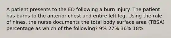 A patient presents to the ED following a burn injury. The patient has burns to the anterior chest and entire left leg. Using the rule of nines, the nurse documents the total body surface area (TBSA) percentage as which of the following? 9% 27% 36% 18%