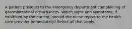 A patient presents to the emergency department complaining of gastrointestinal disturbances. Which signs and symptoms, if exhibited by the patient, should the nurse report to the health care provider immediately? Select all that apply.