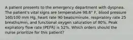 A patient presents to the emergency department with dyspnea. The patient's vital signs are temperature 98.6° F, blood pressure 160/100 mm Hg, heart rate 90 beats/minute, respiratory rate 25 breaths/min, and functional oxygen saturation of 80%. Peak expiratory flow rate (PEFR) is 52%. Which orders should the nurse prioritize for this patient?