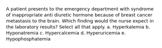 A patient presents to the emergency department with syndrome of inappropriate anti diuretic hormone because of breast cancer metastasis to the brain. Which finding would the nurse expect in the laboratory results? Select all that apply. a. Hyperkalemia b. Hyponatremia c. Hypercalcemia d. Hyperuricemia e. Hypophosphatemia