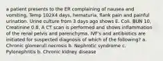 a patient presents to the ER complaining of nausea and vomiting, Temp 102X4 days, hematuria, flank pain and painful urination. Urine culture from 3 days ago shows E. Coli. BUN 10, Creatinine 0.8. A CT scan is performed and shows inflammation of the renal pelvis and parenchyma. IVF's and antibiotics are initiated for suspected diagnosis of which of the following? a. Chronic glomeruli necrosis b. Nephrotic syndrome c. Pylonephritis b. Chronic kidney disease