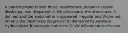 A patient presents with fever, leukocytosis, purulent vaginal discharge, and dyspareunia. On ultrasound, the uterus was ill-defined and the endometrium appeared irregular and thickened. What is the most likely diagnosis? Endometrial hyperplasia Hydrosalpinx Tubo-ovarian abscess Pelvic inflammatory disease