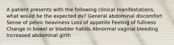 A patient presents with the following clinical manifestations, what would be the expected dx? General abdominal discomfort Sense of pelvic heaviness Loss of appetite Feeling of fullness Change in bowel or bladder habits Abnormal vaginal bleeding Increased abdominal girth