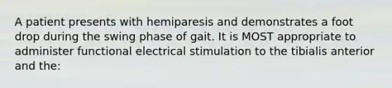 A patient presents with hemiparesis and demonstrates a foot drop during the swing phase of gait. It is MOST appropriate to administer functional electrical stimulation to the tibialis anterior and the: