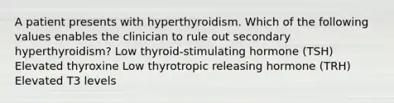 A patient presents with hyperthyroidism. Which of the following values enables the clinician to rule out secondary hyperthyroidism? Low thyroid-stimulating hormone (TSH) Elevated thyroxine Low thyrotropic releasing hormone (TRH) Elevated T3 levels