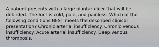 A patient presents with a large plantar ulcer that will be debrided. The foot is cold, pale, and painless. Which of the following conditions BEST meets the described clinical presentation? Chronic arterial insufficiency. Chronic venous insufficiency. Acute arterial insufficiency. Deep venous thrombosis.