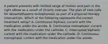 A patient presents with limited range of motion and pain in the right elbow as a result of chronic overuse. The plan of care calls for dexamethasone iontophoresis as part of a physical therapy intervention. Which of the following represents the correct treatment setup? A. Continuous biphasic current with the medication under the anode. B. Continuous monophasic current with the medication under the cathode. C. Interrupted biphasic current with the medication under the cathode. D. Continuous monophasic current with the medication under the anode.